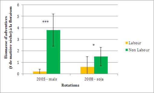 Graphique : Biomasse d'adventices à la floraison pour les 2 rotations et les 2 gestions culturales (d'après Peigné, J. et al. NP)