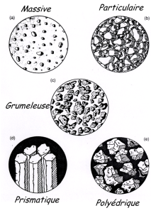 Schéma : Différentes structures de sol. On observe 5 structures de sol : massive, particulaire, grumeleuse, prismatique (prismes bien alignés), et polyédrique (particules en forme d'éclats).