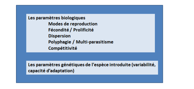 Les différents paramètres biologiques (modes de reproduction, fécondité, dispersion, polyphagie et compétitivité) et les paramètres génétiques (variabilité et capacité d'adaptation) de l'espèce introduite