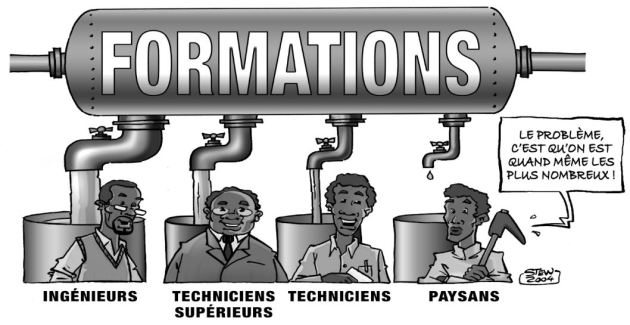 Visuel qui montre que l'on forme plus d'ingénieurs, moins de techniciens et qu'il reste que quelques gouttes pour les paysans même s'ils sont les plus nombreux !